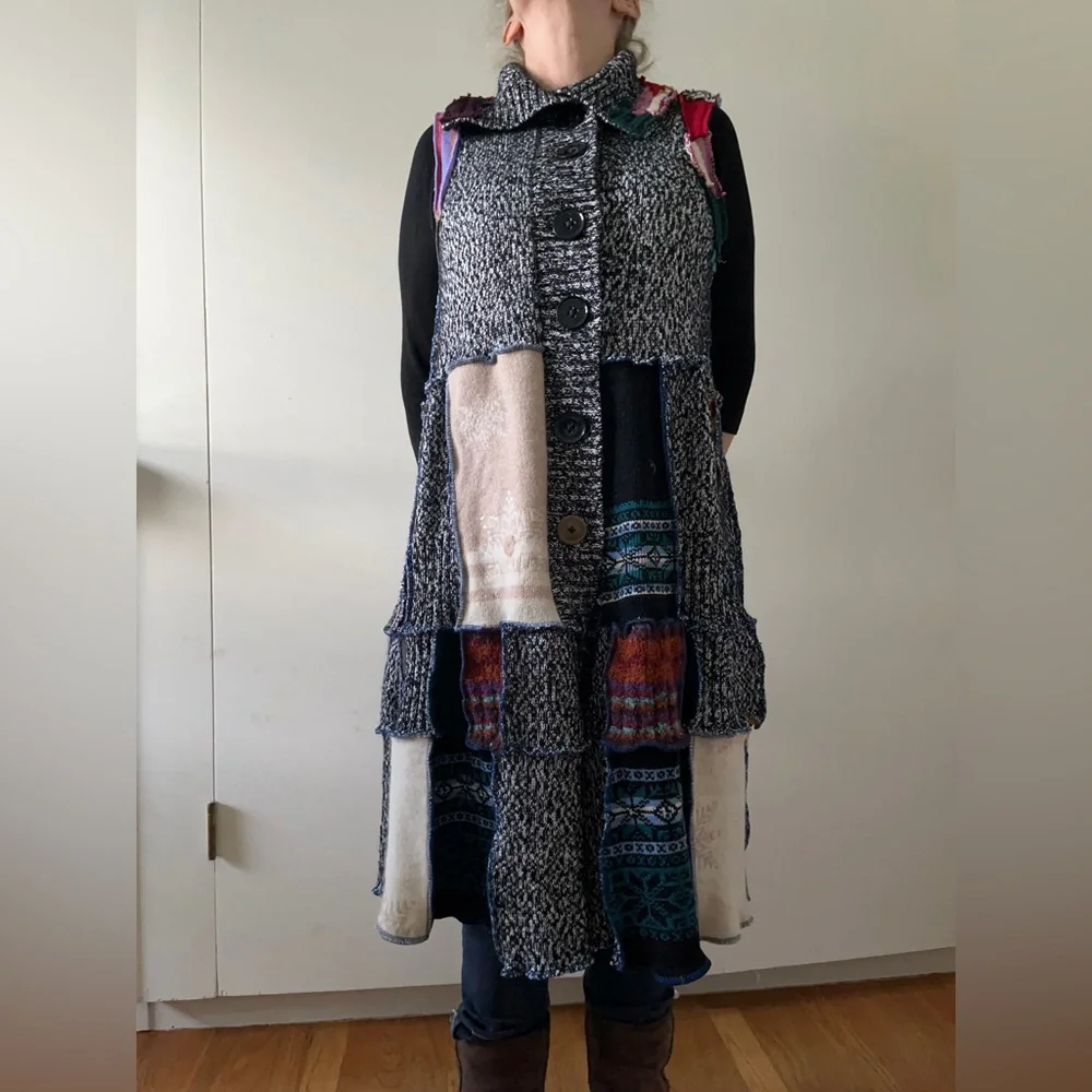 Upcycled Sweater Vest Long Cardi Boho Hippie Tiered Pixie Patchwork Cottage Core - Picture 4 of 14